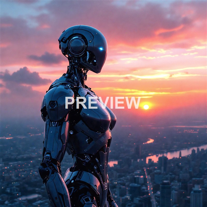 A sleek, futuristic humanoid robot with a shiny black exterior stands against a sunset sky over a cityscape, with the sun near the horizon and clouds tinged with pink and orange hues.